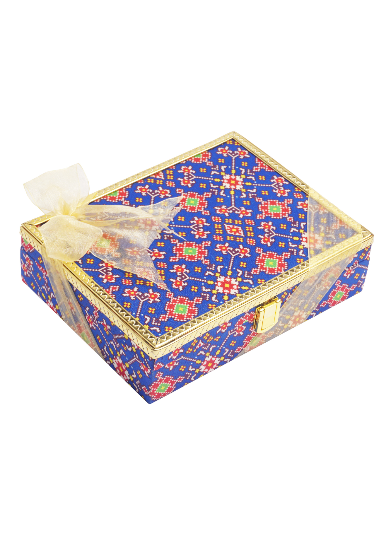 Safawi Dates with Blue Patola MDF Box With Gold Leather Finish (21 Pcs)