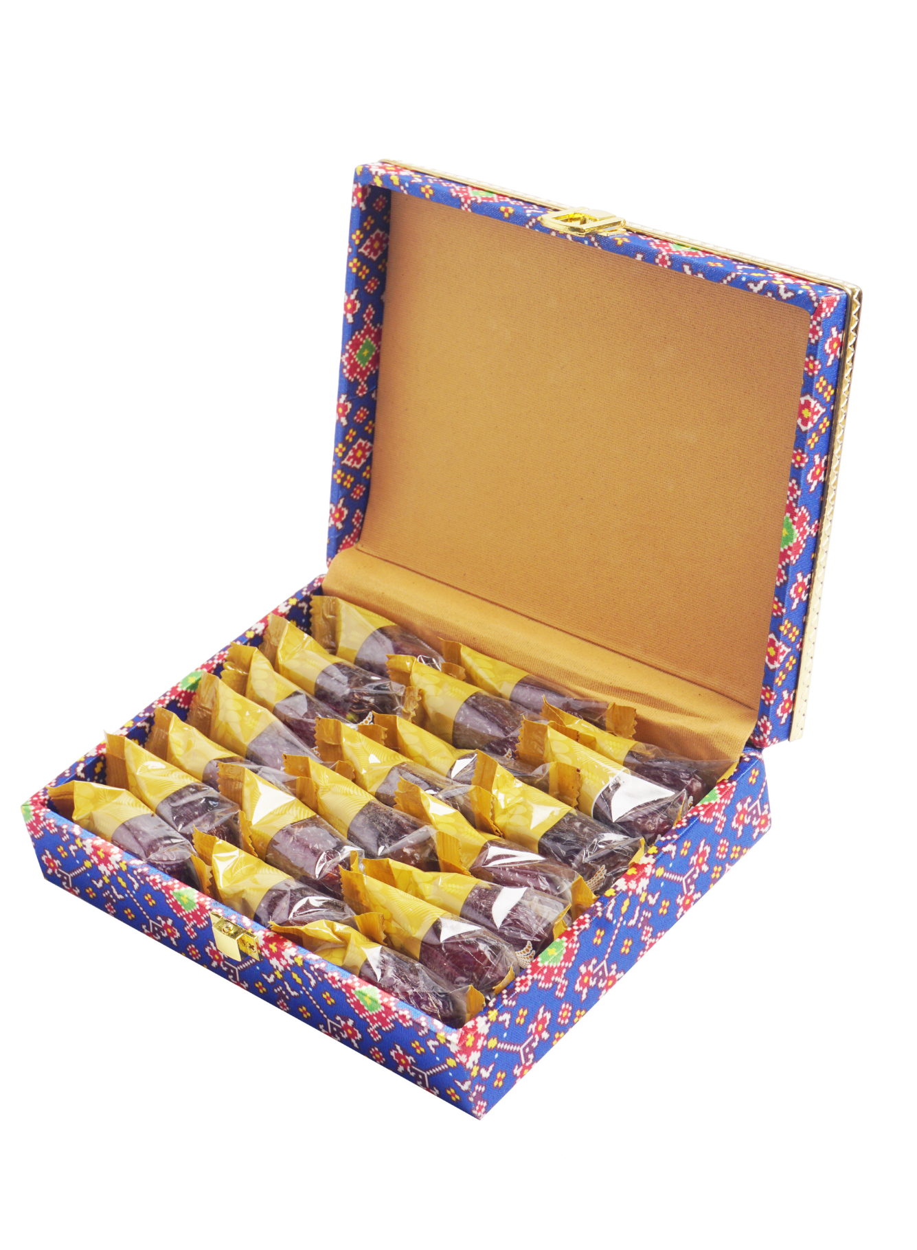 Safawi Dates with Blue Patola MDF Box With Gold Leather Finish (21 Pcs)