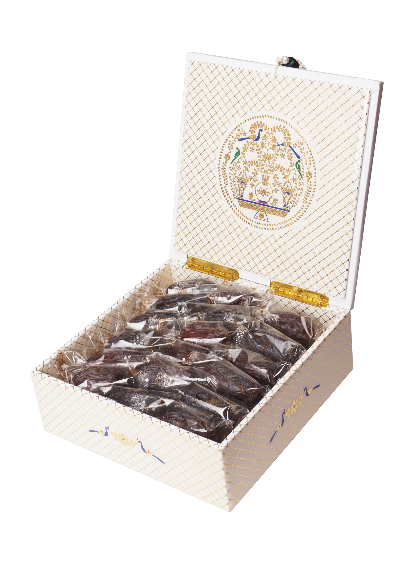 Khidri Dates with Fully Lacquered Intricate Gold Foiling Peacock Box (48 Individually Wrapped Pcs)