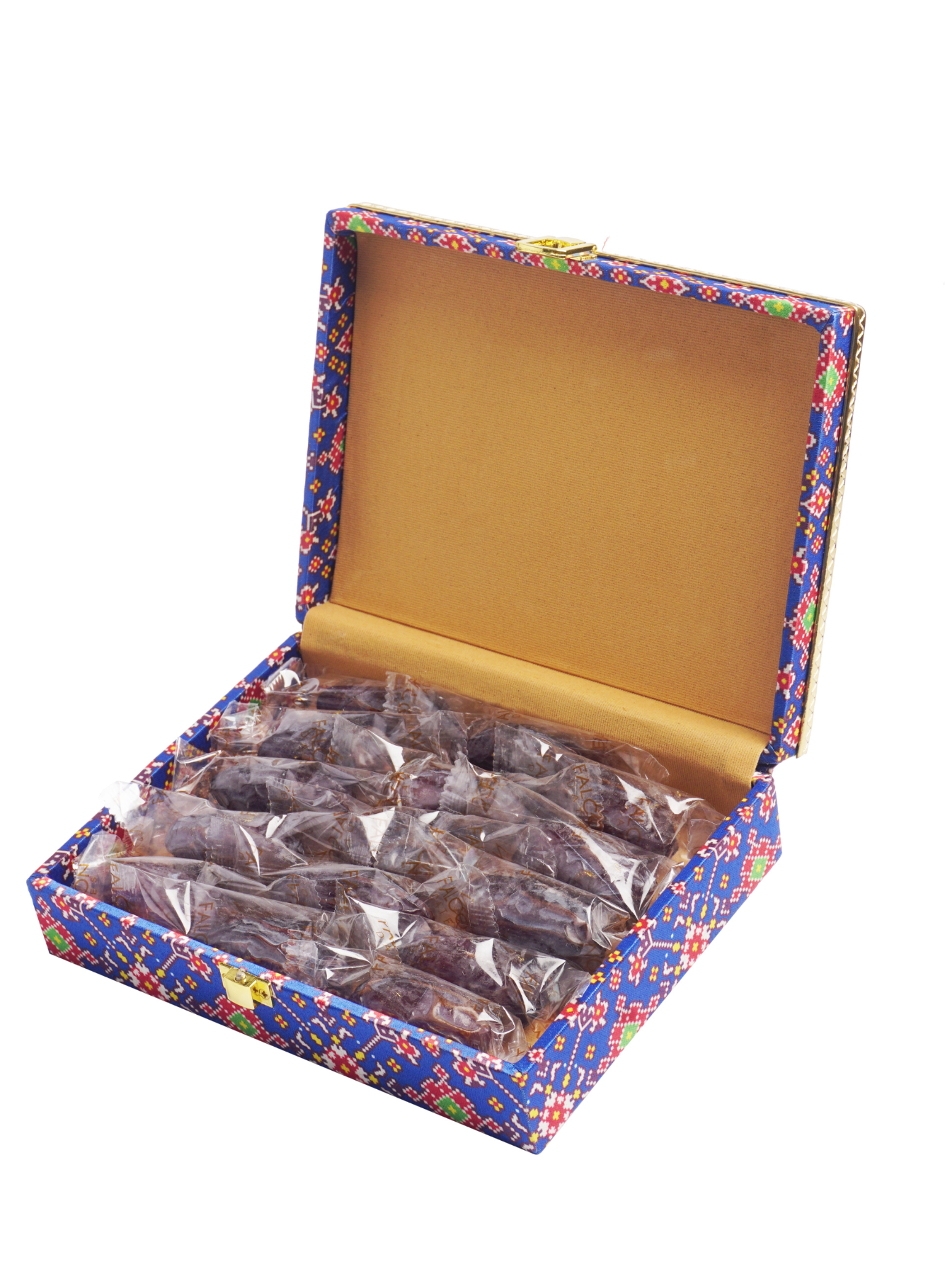 Medjoul Dates with Blue Patola MDF Box With Gold Leather Finish (15 Pcs)