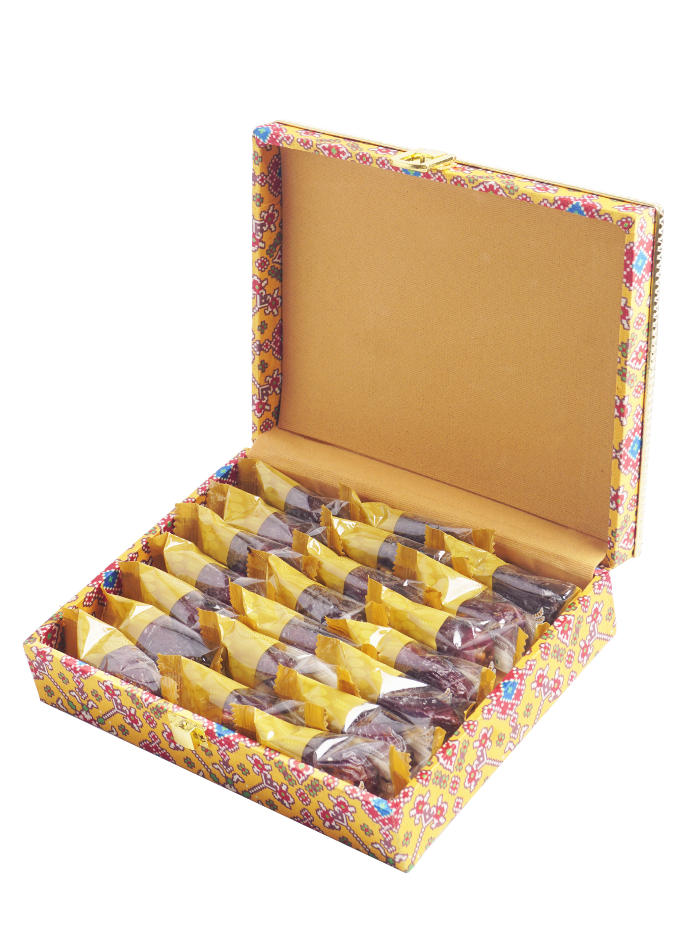 Safawi Dates with Yellow Patola MDF Box With Gold Leather Finish (21 Pcs)
