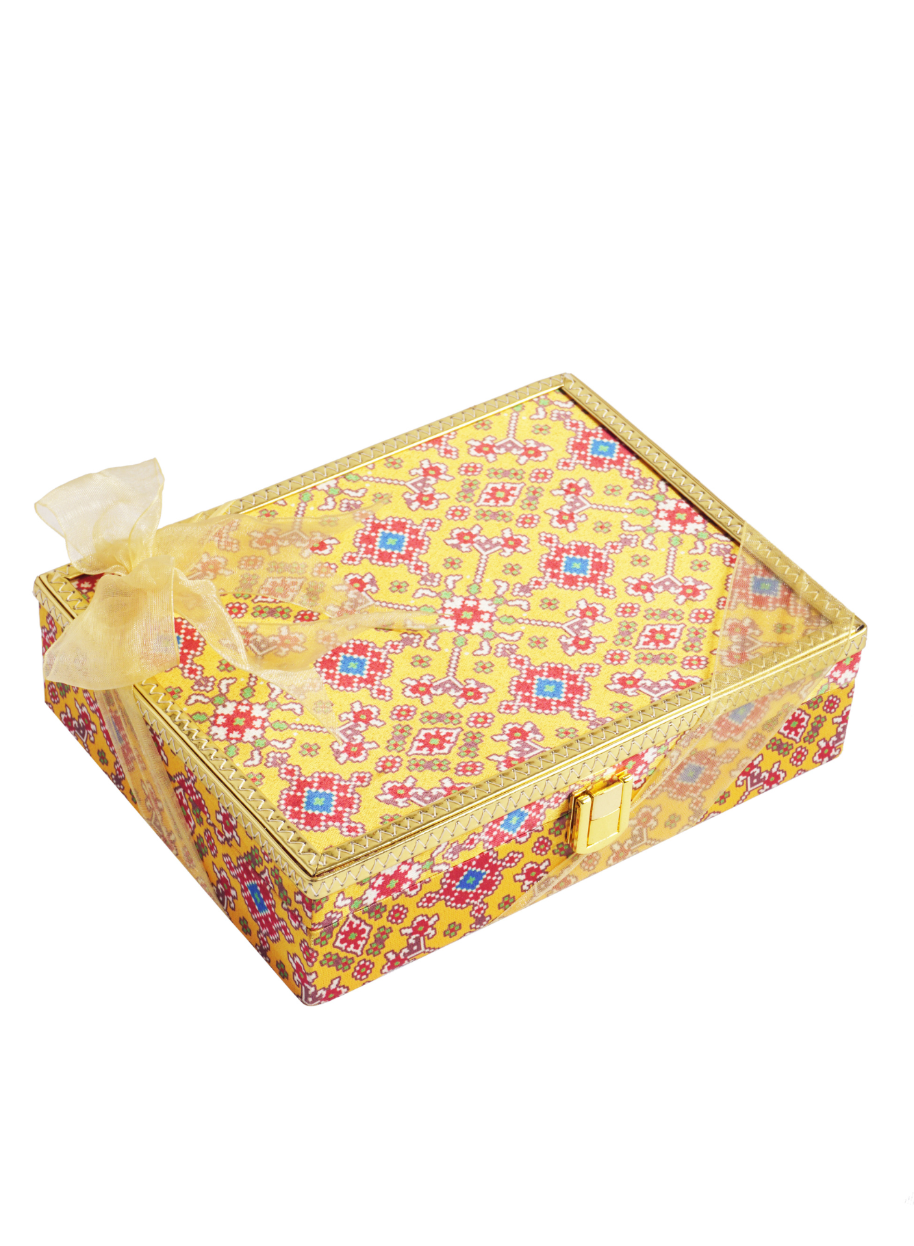 Safawi Dates with Yellow Patola MDF Box With Gold Leather Finish (21 Pcs)