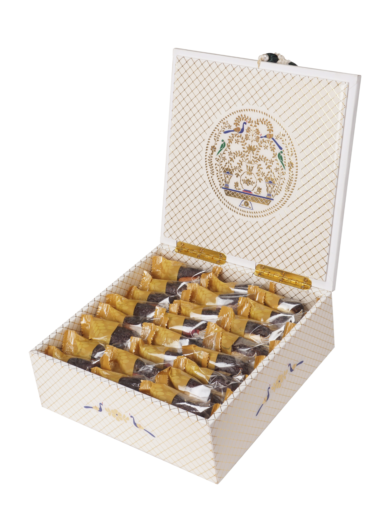 Safawi Dates with Fully Lacquered Intricate Gold Foiling Peacock Box (48 Individually Wrapped Pcs)