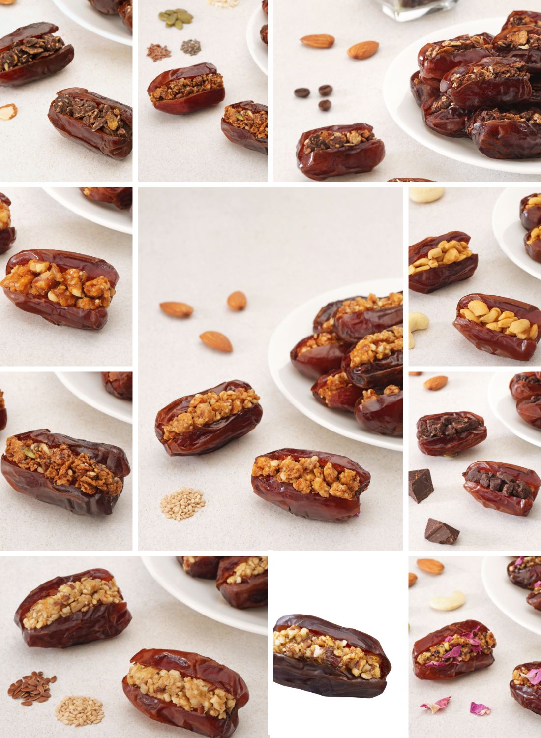 Khidri Dates with Cashew Masala, Caramalised Walnut Crunch, Chocolate Crunch, Chocolate Almond Drizzle, Coffee Crunch, Cinnamon Crunch, Nutty Crunch, Rose Brittle, Sesame Crunch, Caramalised Pecan Crunch