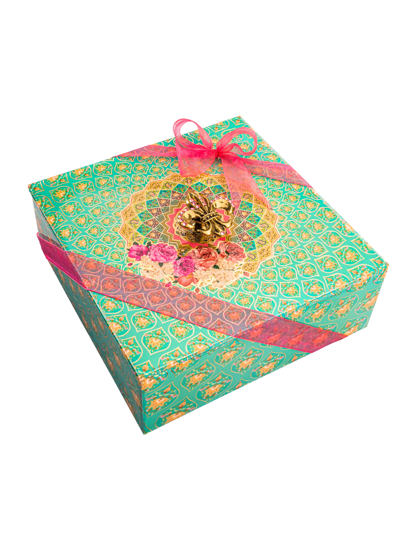 Safawi Dates with Floral Green Lacquered Box with Pink Ribbon (48 Individually Wrapped Pcs)