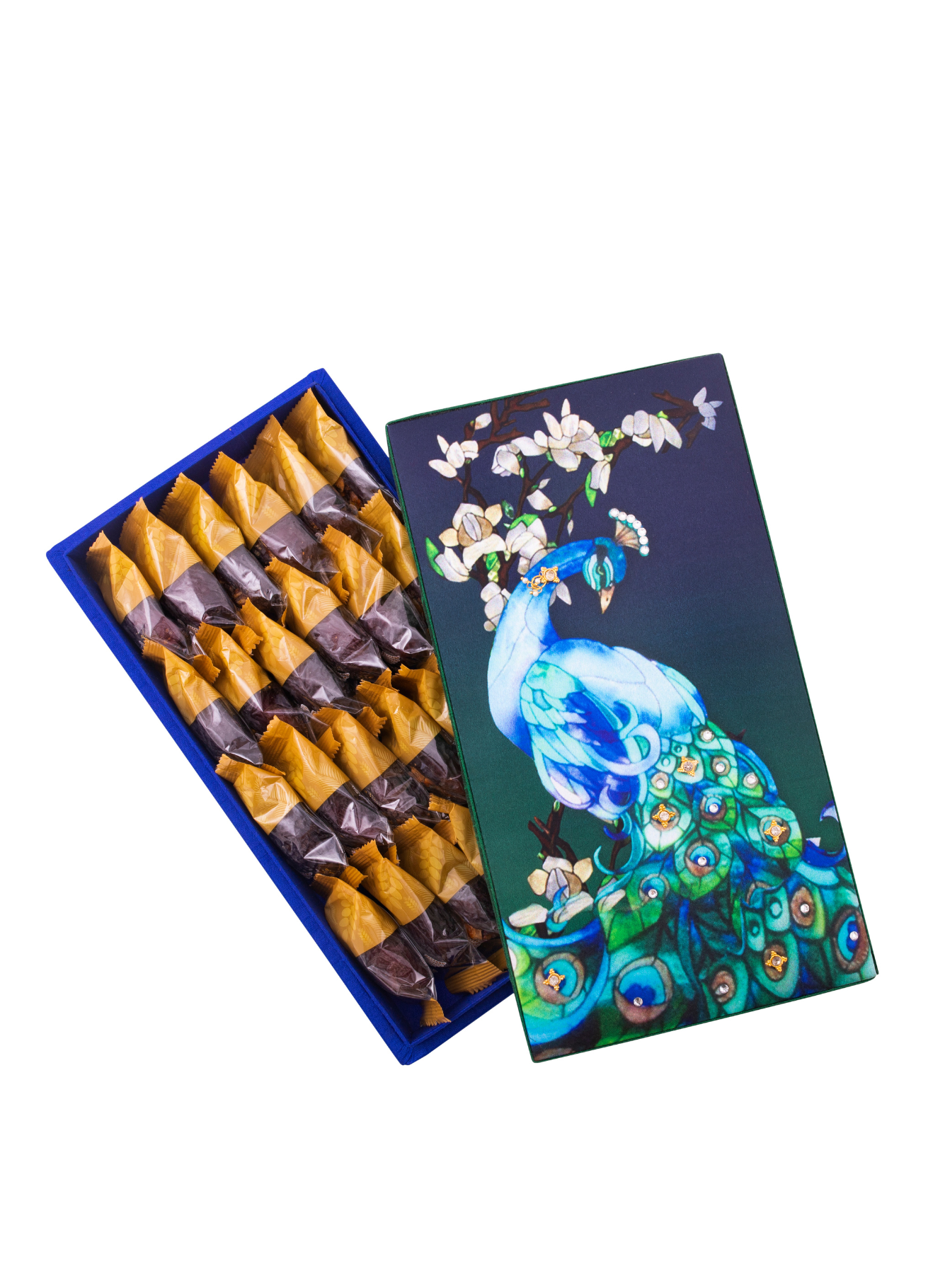 Safawi Dates with Small Silk Peacock Box (21 Pcs)