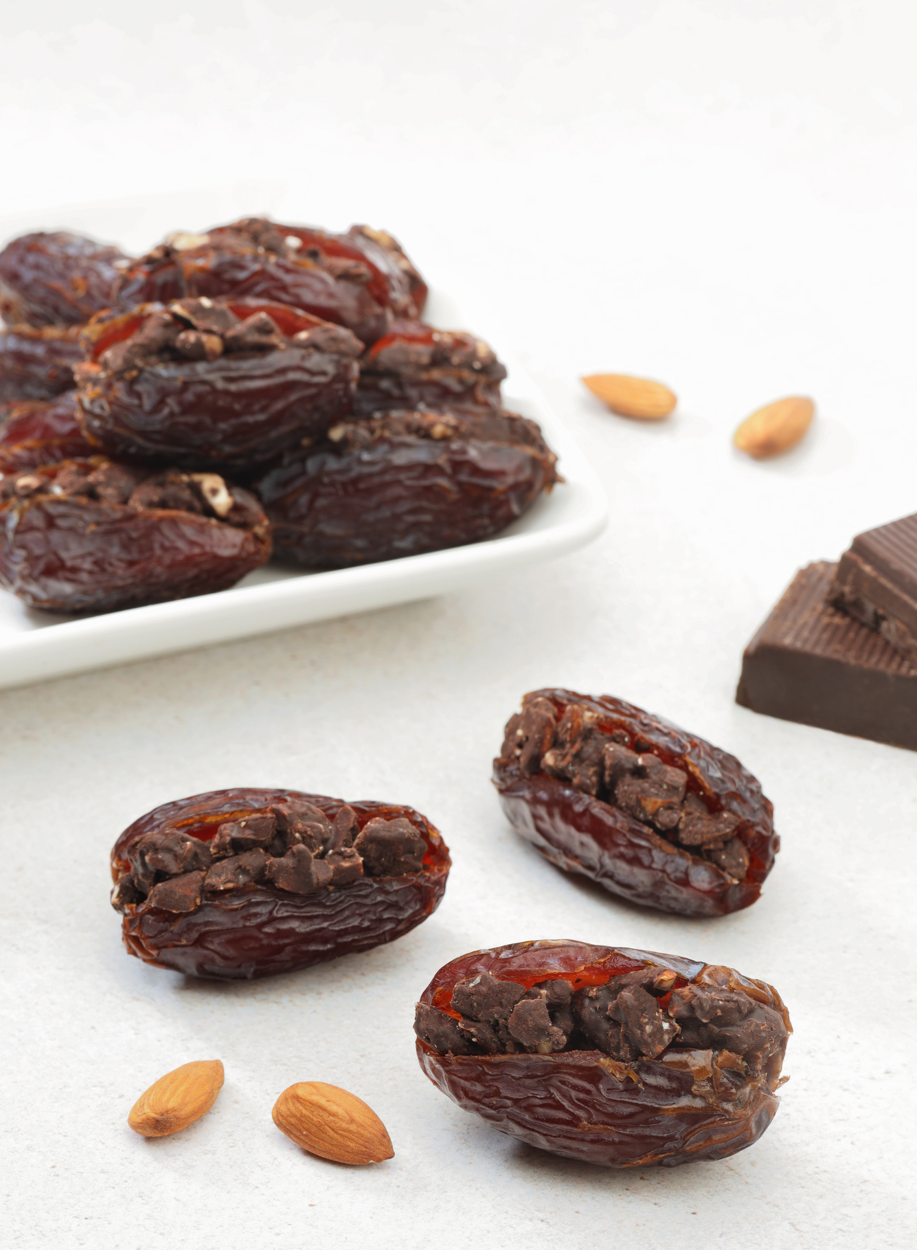 Medjoul Dates with Chocolate Almond Drizzle