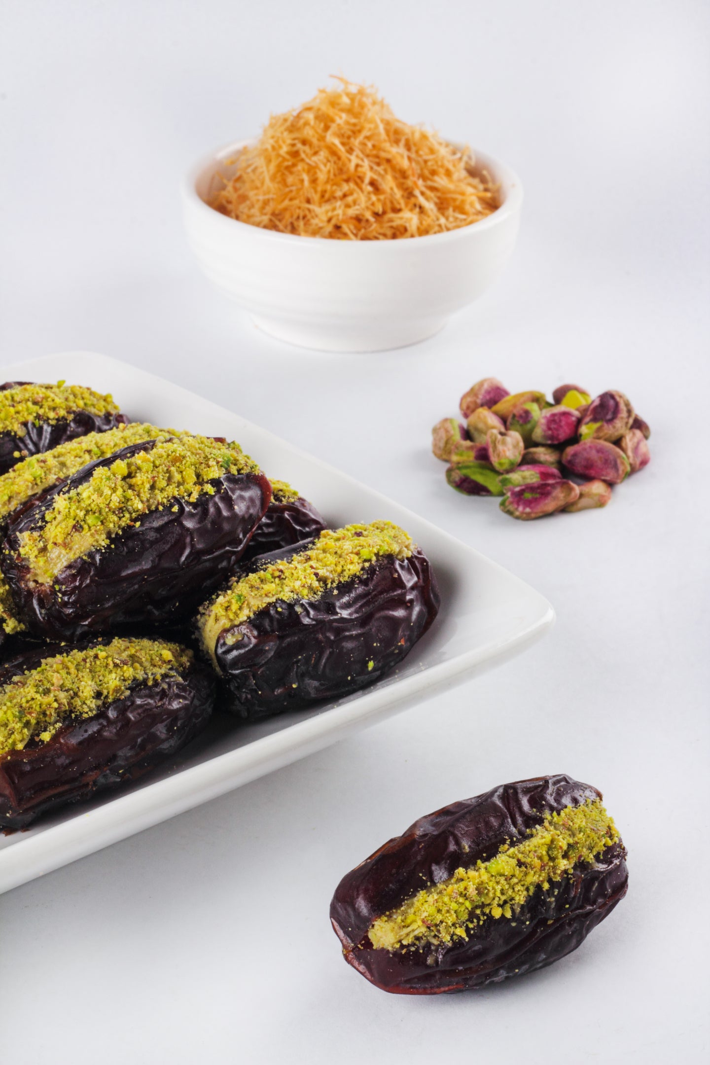 Medjoul Dates with Cashew Masala, Caramalised Walnut Crunch, Chocolate Crunch, Chocolate Almond Drizzle, Coffee Crunch, Cinnamon Crunch, Nutty Crunch, Rose Brittle, Sesame Crunch, Caramalised Pecan Crunch, Pistachio Kunafa