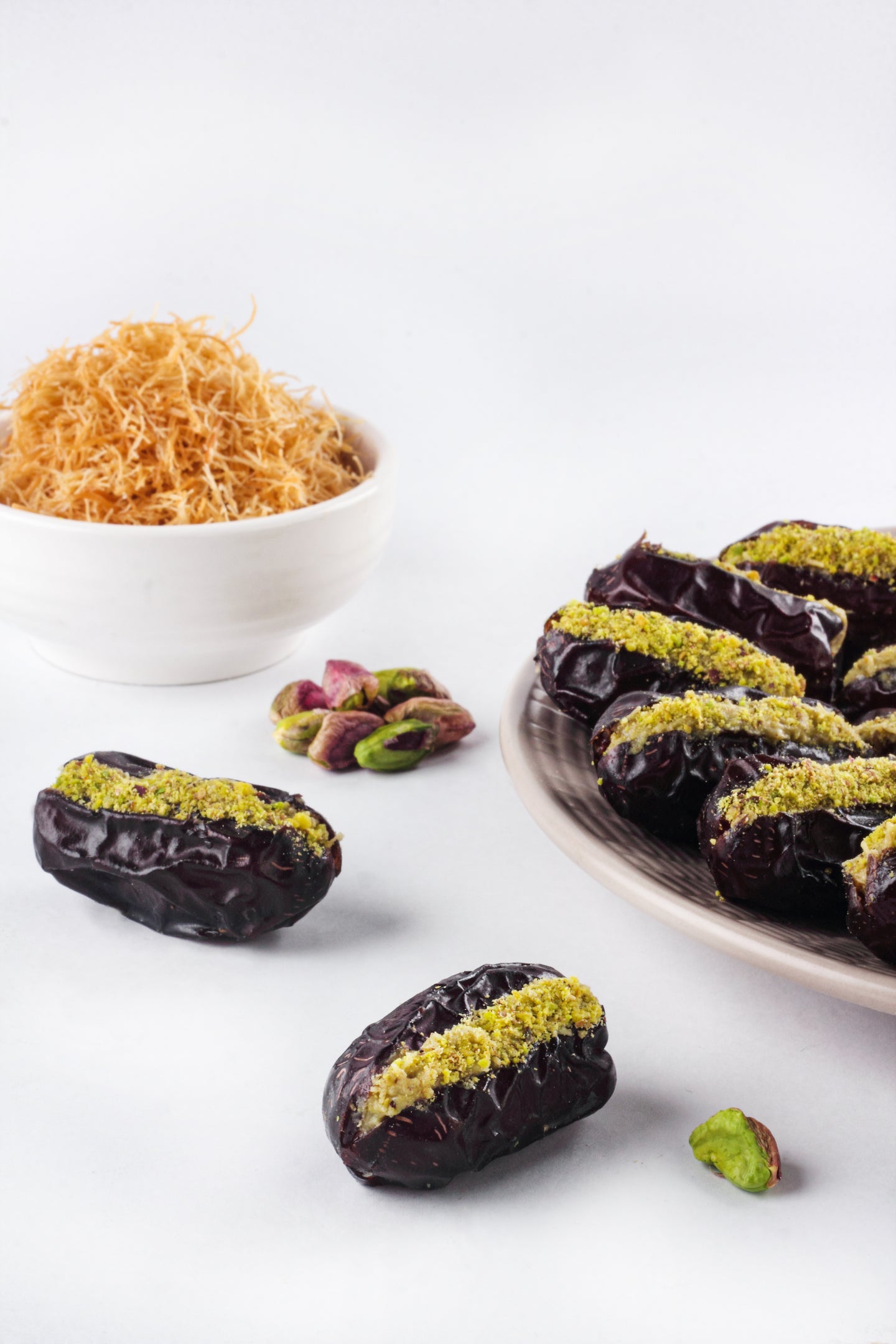 Safawi Dates with Cashew Masala, Caramalised Walnut Crunch, Chocolate Crunch, Chocolate Almond Drizzle, Coffee Crunch, Cinnamon Crunch, Nutty Crunch, Rose Brittle, Sesame Crunch, Caramalised Pecan Crunch, Pistachio Kunafa